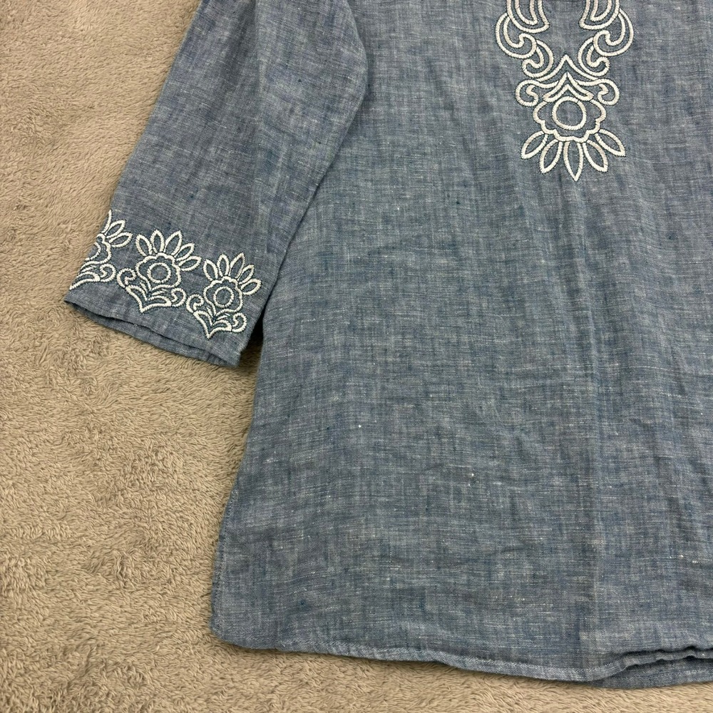 Orvis Embroidered Linen Tunic Top Womens S (6/8) Blue 3/4‎ Sleeve Lagenlook Boho - Picture 4 of 15